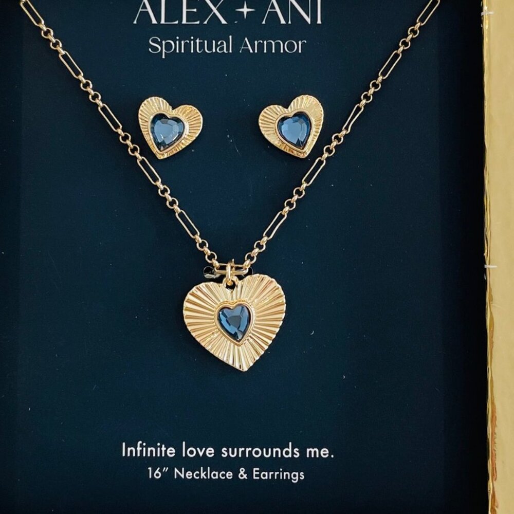 Alex & Ani Gold Tone Blue Heart Stud Earrings & Pendant Necklace Set New In Box